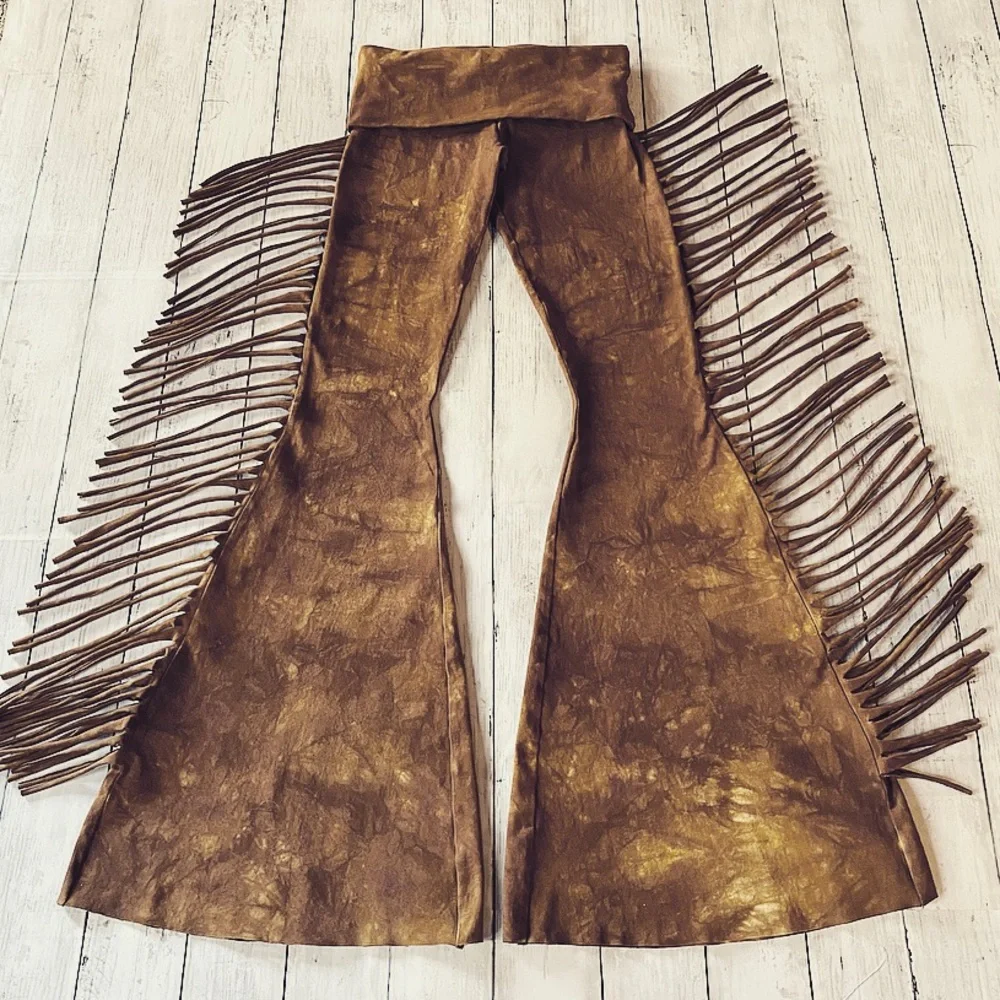 PETITE LENGTH Hip Hugger Fringe Bell Bottoms in SADDLE TIE DYE Boho Flares Pants - Picture 10 of 10